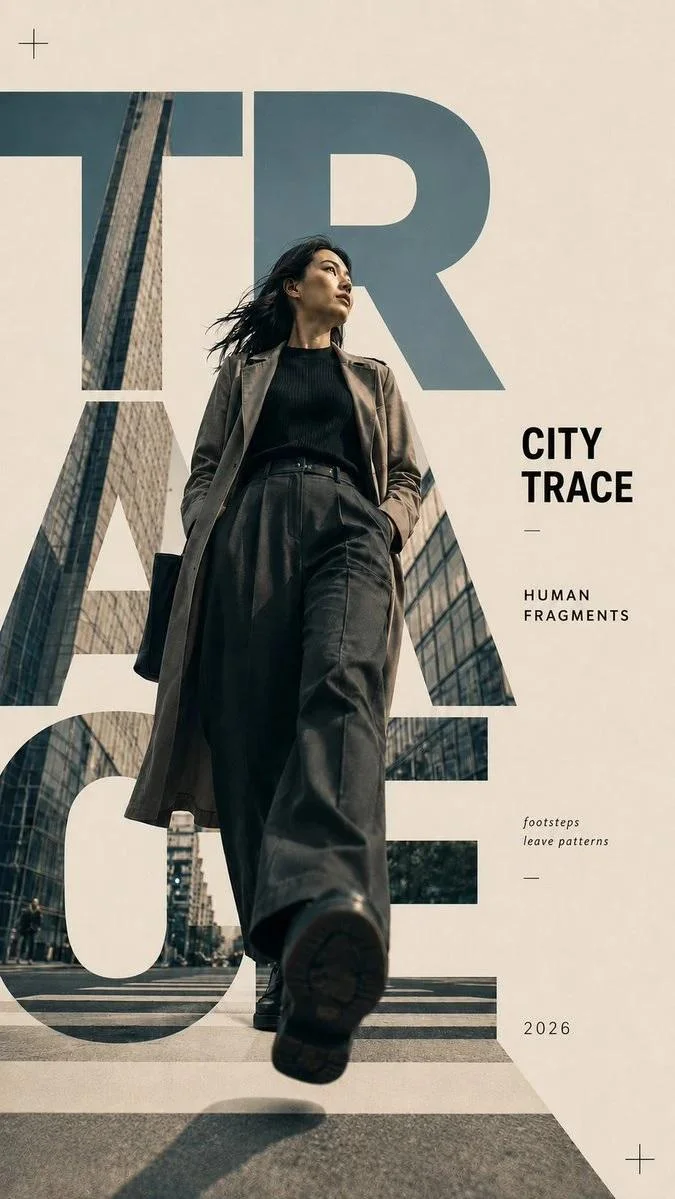 A woman leaps through bold red letters over an urban rooftop