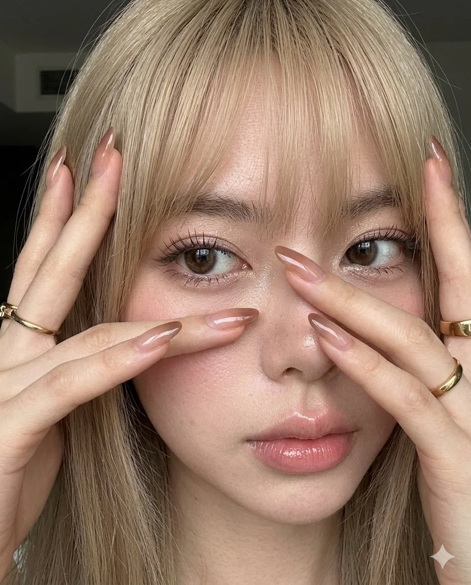 A woman peeks through her fingers with soft blonde hair falling over her face