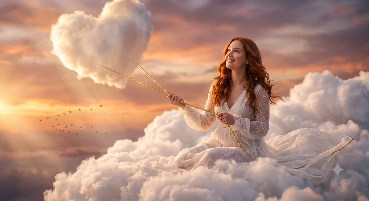 A woman pulls a heart-shaped cloud balloon at sunset