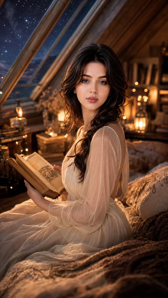 A woman reads a vintage book in a cozy attic nook