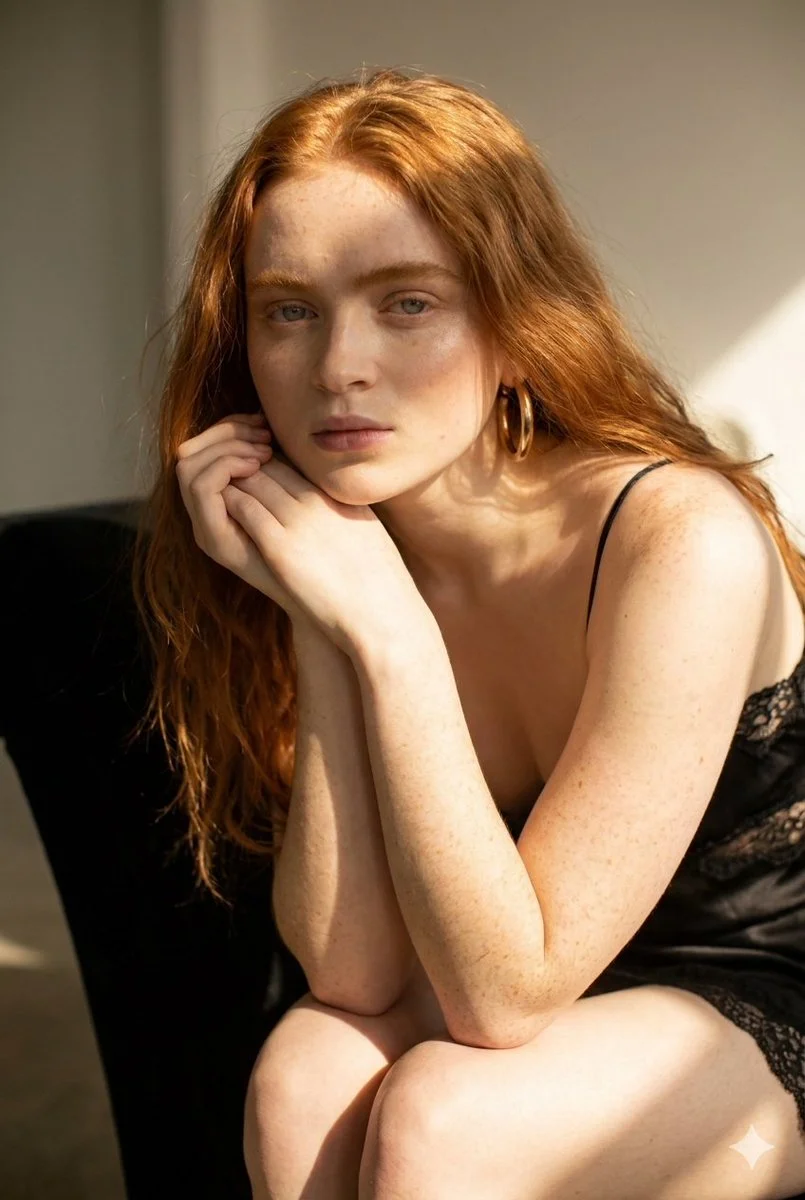 A woman reclines on black velvet in dramatic sunlight