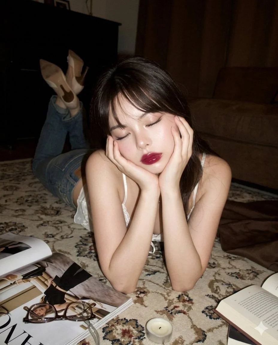 A woman rests on a carpet with closed eyes in dim warm light