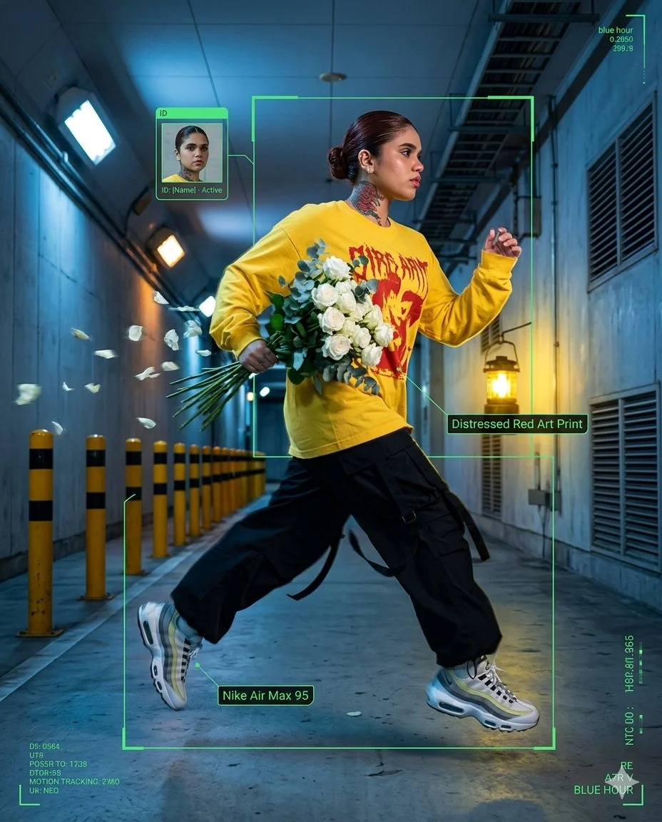 A woman runs through a Tokyo tunnel with a bouquet of white roses.