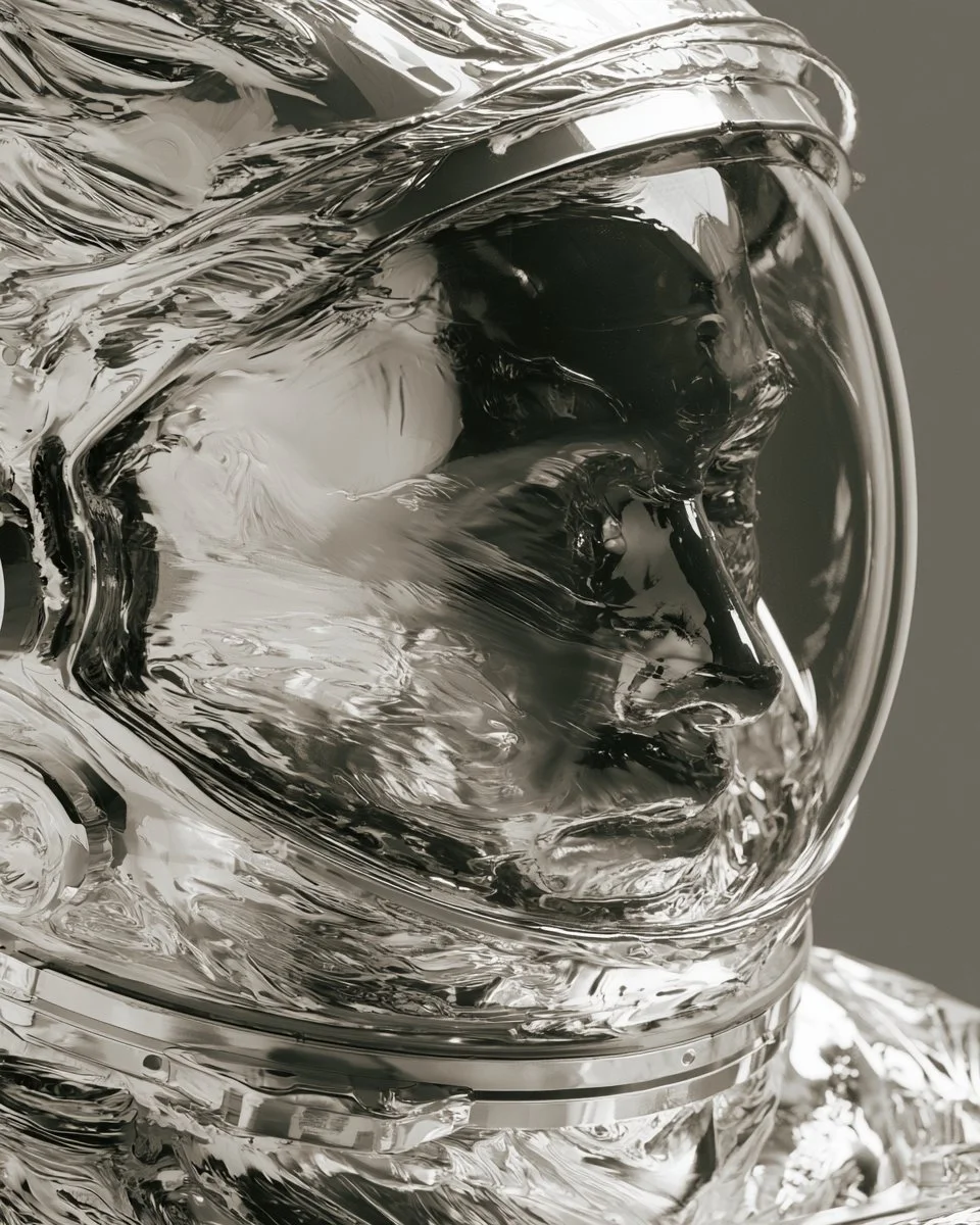 A woman's face distorts in flowing liquid mercury reflection