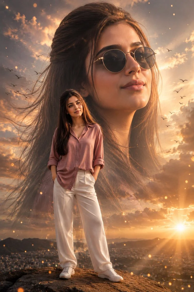 A woman's giant portrait blends with her foreground pose in golden light