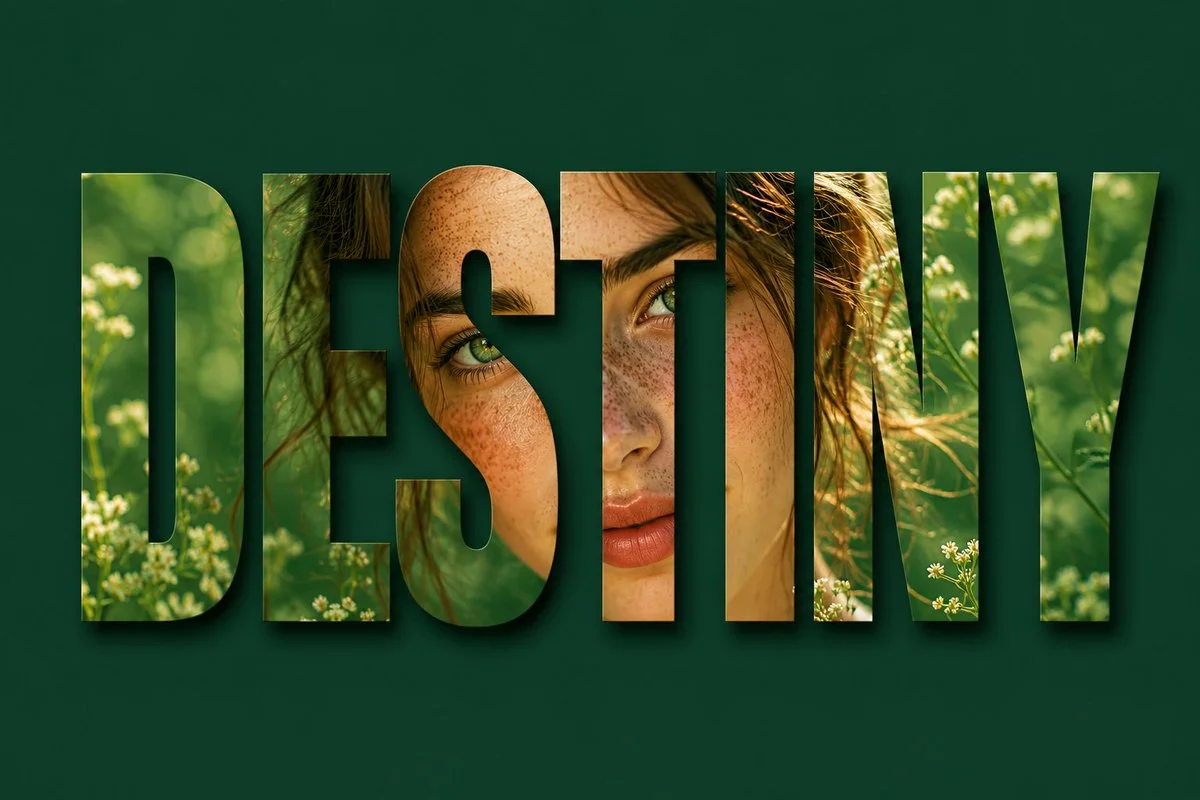 A woman's serene face appears inside bold Destiny typography