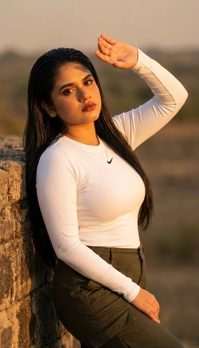 A woman shields her eyes from the setting sun's warm golden light.