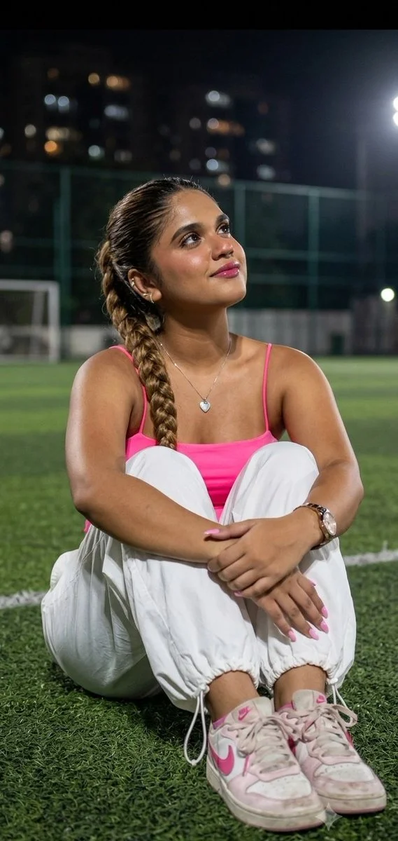 A woman sits alone on a soccer field at night