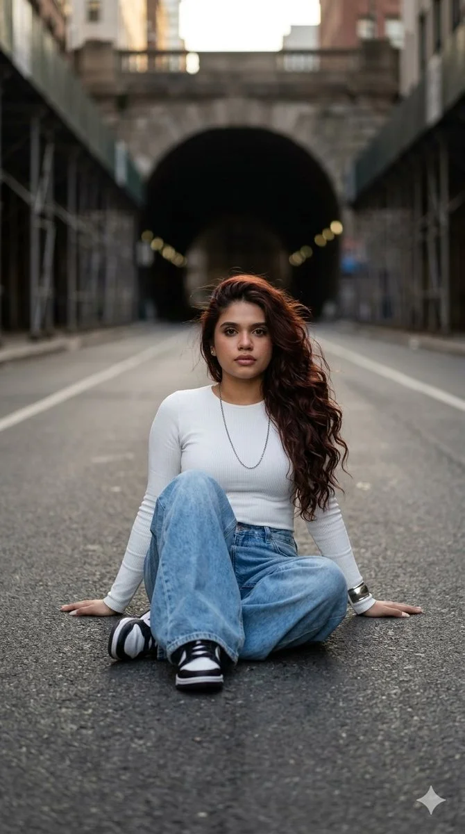 A woman sits alone on an empty city street at dusk