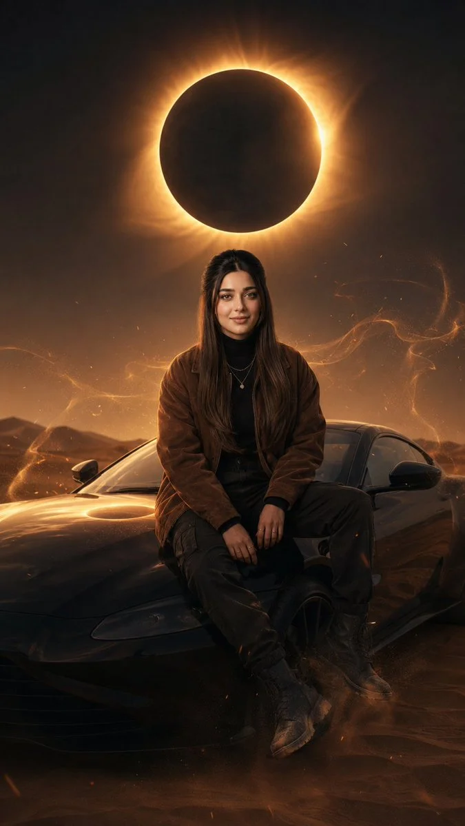 A woman sits on a luxury car hood during a solar eclipse
