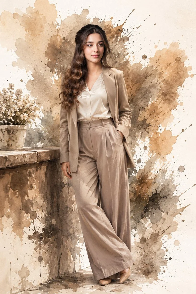 A woman stands confidently before a watercolor splash backdrop