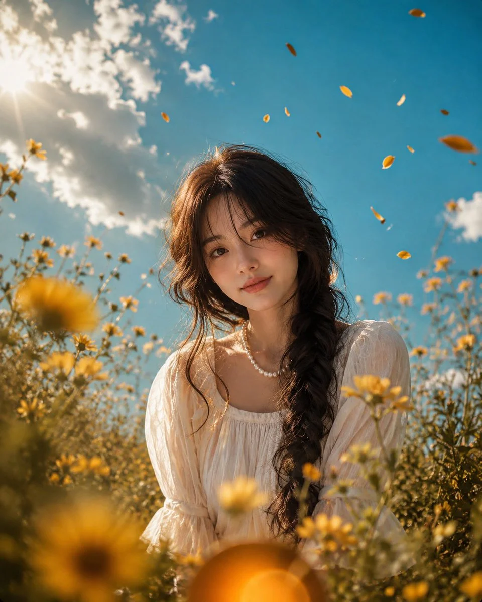 A woman stands in a wildflower meadow with bees buzzing around her