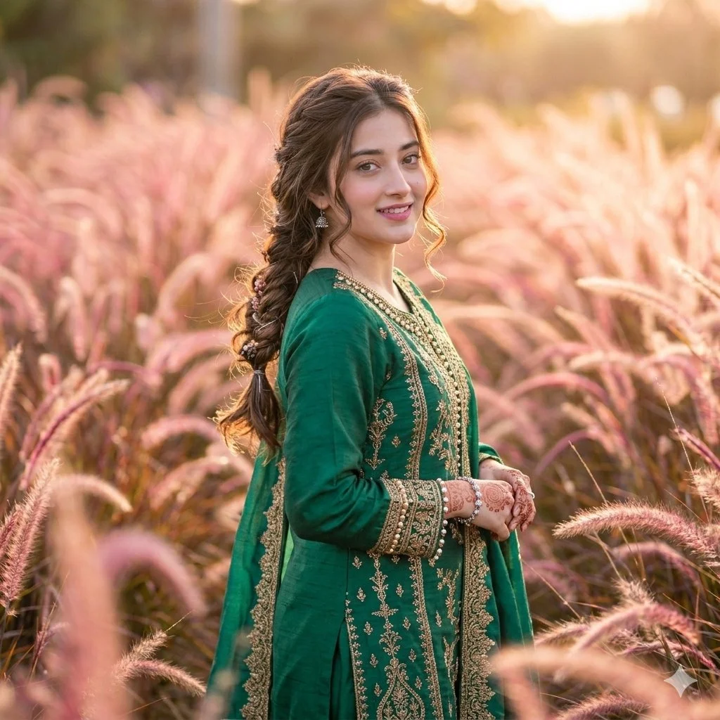 A woman stands in fountain grass during golden hour