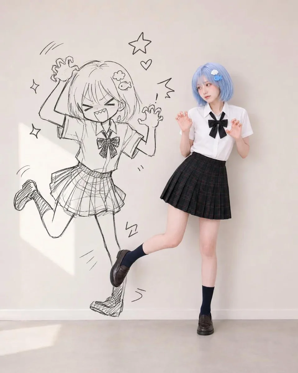 A woman strikes a playful pose with her doodle shadow on the wall