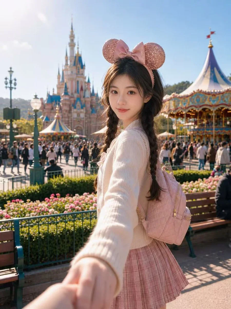 A woman turns back smiling at a sunny Disney park