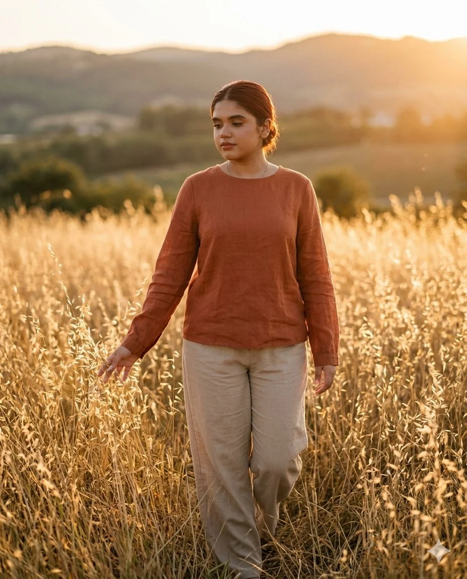 A woman walks through golden grass at sunset in peace