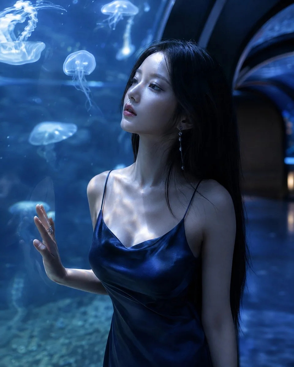 A woman watches glowing jellyfish through aquarium glass, bathed in blue