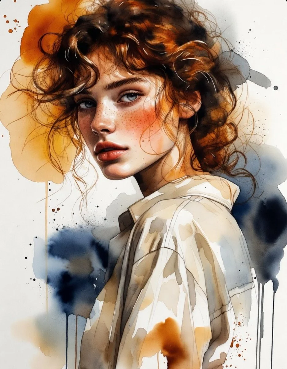 A woman with auburn curls wears a cream shirt in watercolor portrait.