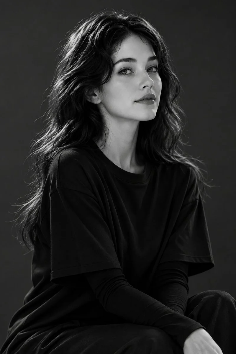 A woman with dark wavy hair smiles softly in black-and-white studio portrait