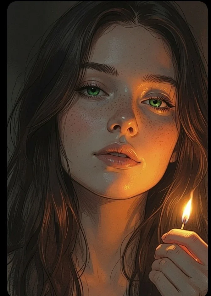 A woman with emerald eyes holds a match near her face
