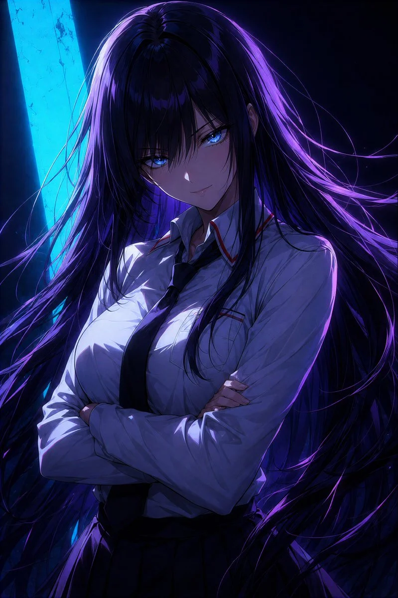 A woman with icy blue eyes leans forward in cyan light