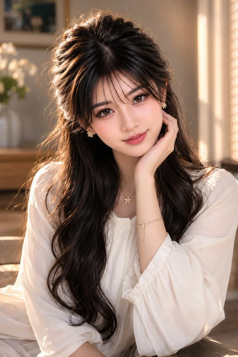 A woman with long wavy hair sits in a cozy living room