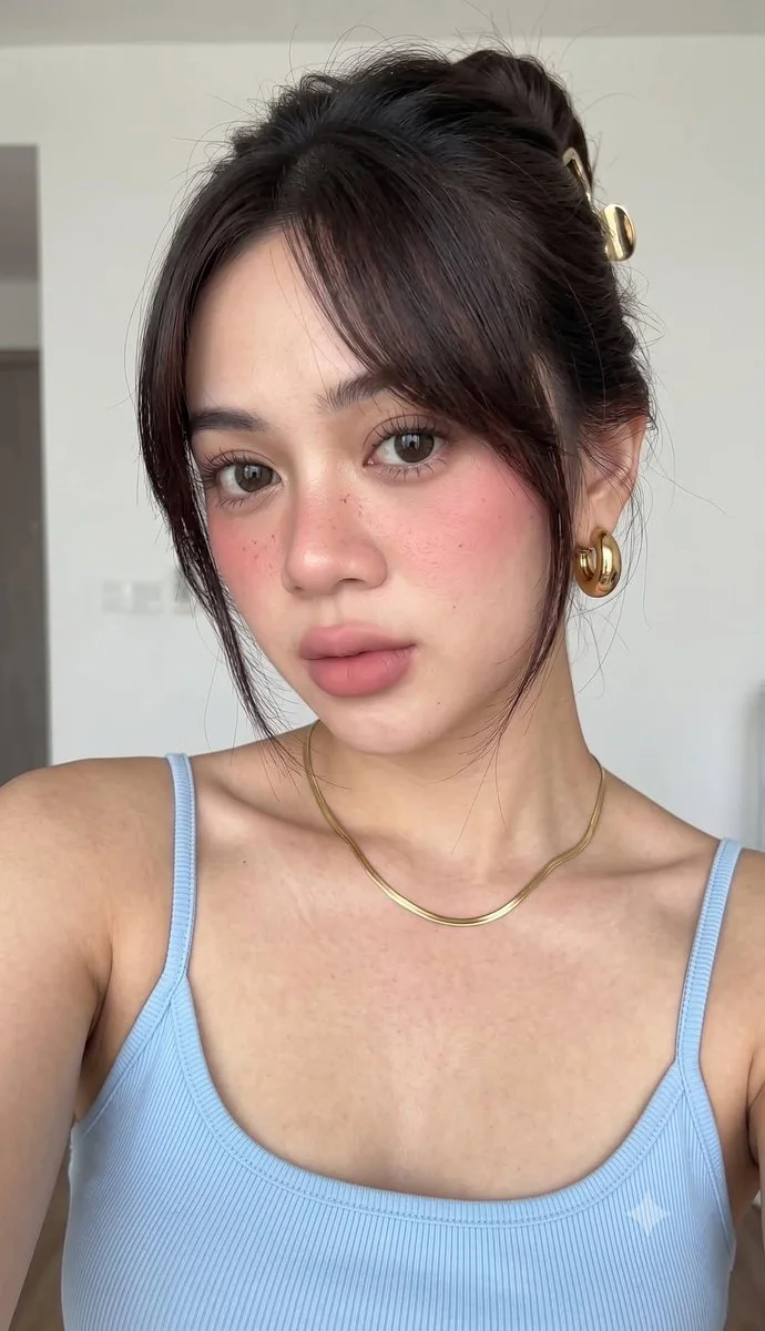 A woman with rosy blush and bangs poses in a bright room