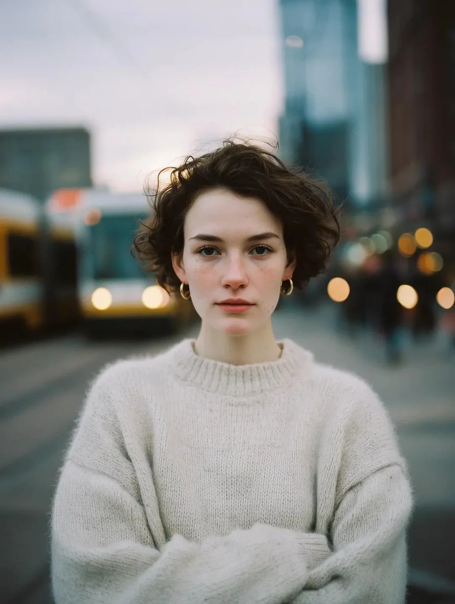 A woman with wavy hair stands on a rainy street at dusk