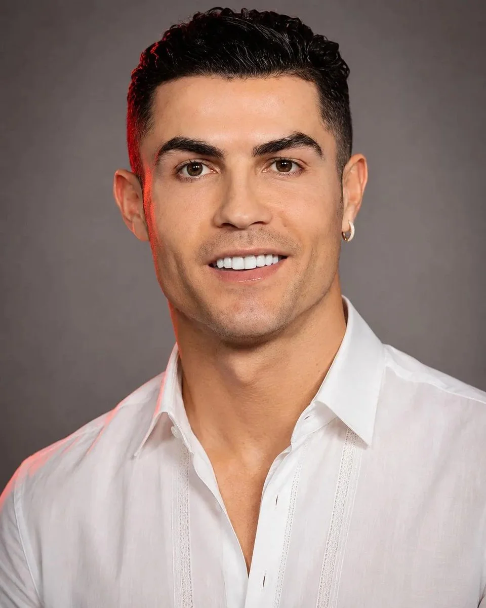 A world-class footballer poses confidently in a crisp white shirt