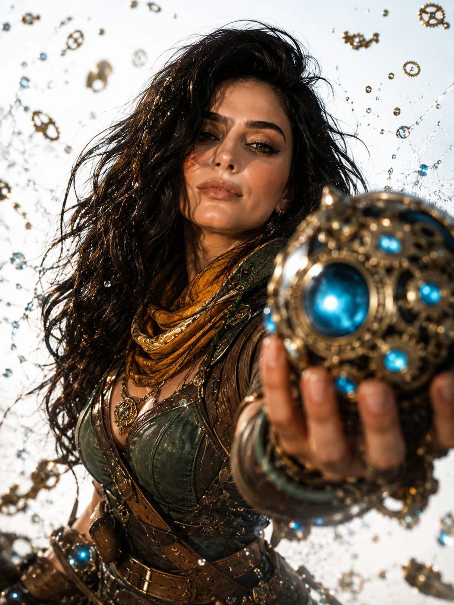 A young adventurer presents a glowing arcane sphere in studio light.