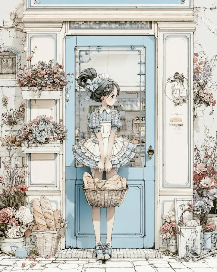 A young baker girl smiles by a cozy vintage bakery doorway