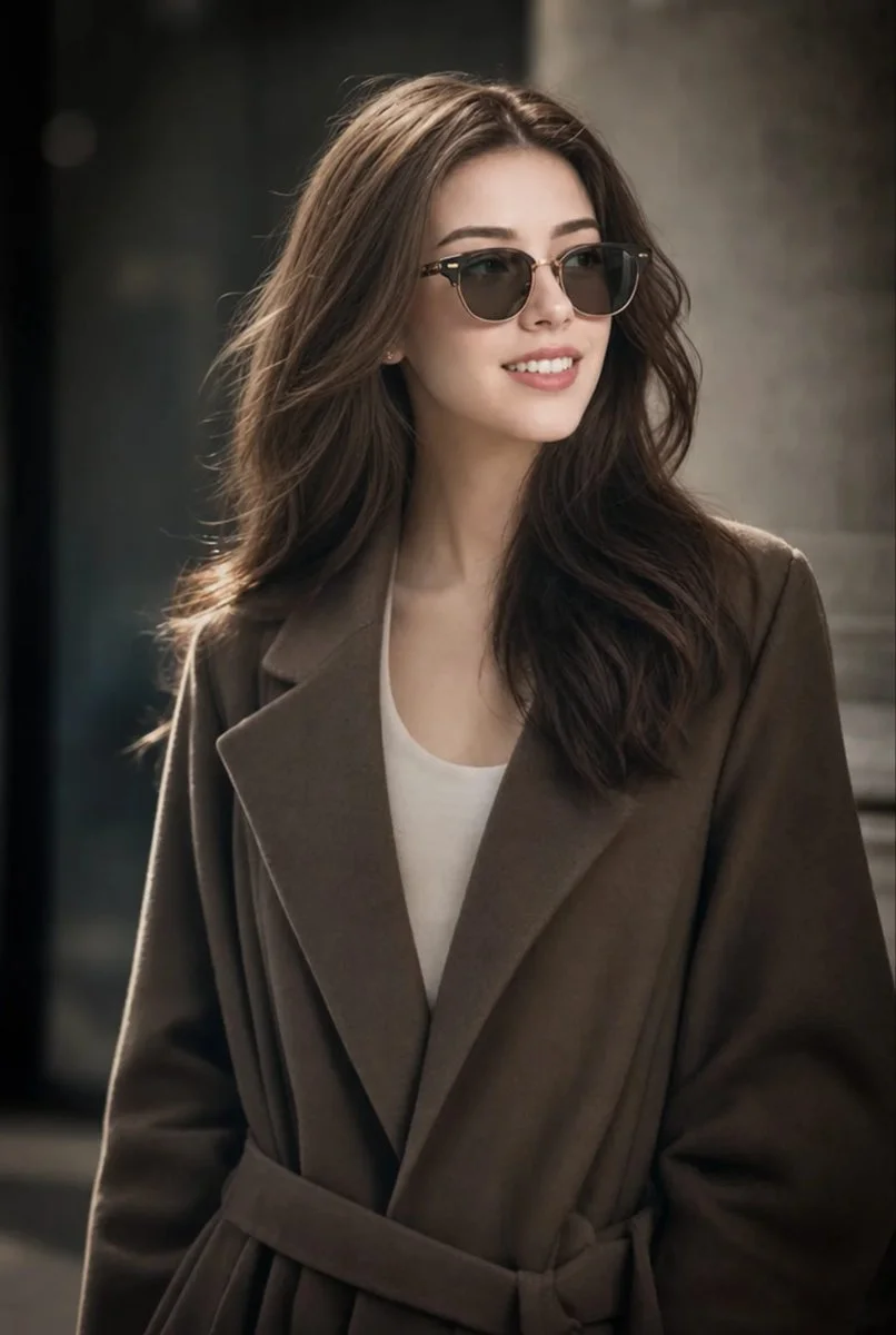 A young Chinese woman in brown coat turns her face away