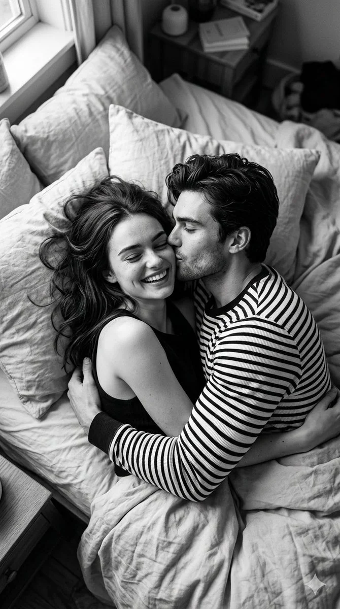 A young couple shares a tender morning kiss on rumpled bedsheets