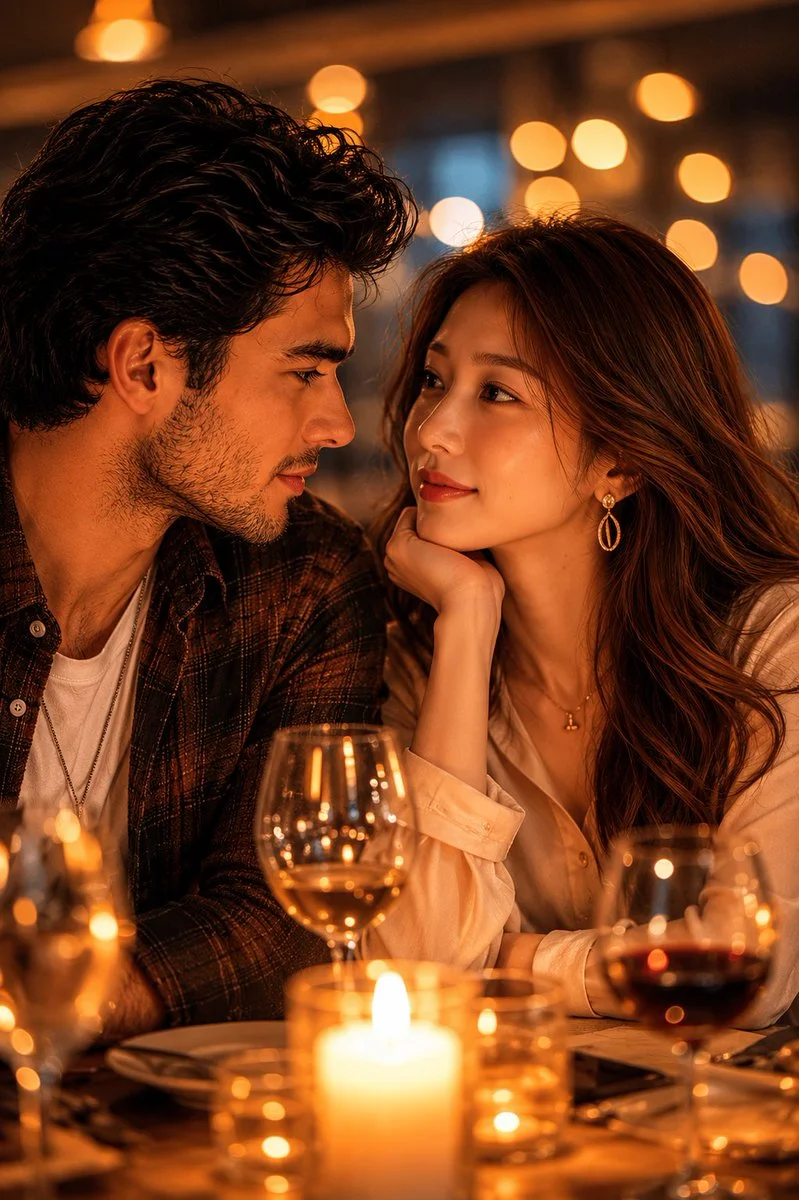 A young couple shares an intimate gaze over candlelit dinner