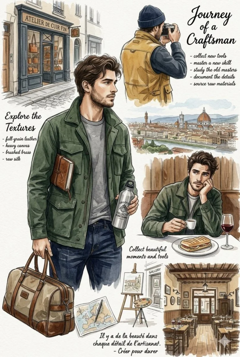 A young craftsman explores Florence with leather bag and water bottle