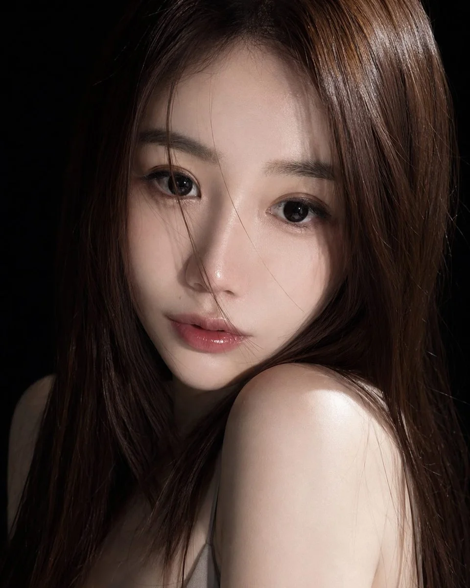 A young East Asian woman with glossy pink lips gazes melancholically.