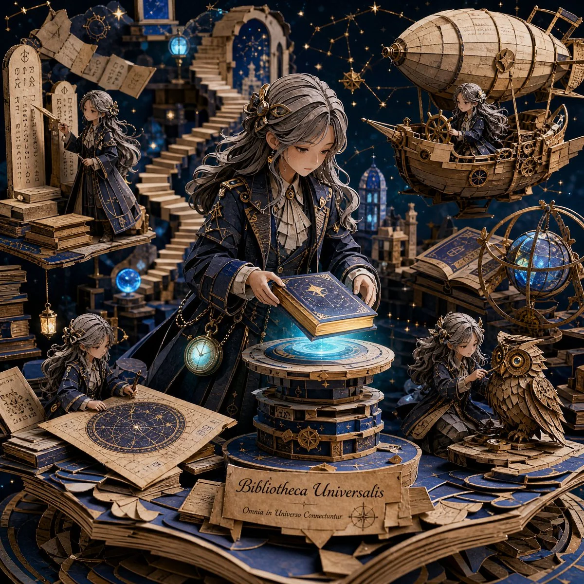 A young explorer places a glowing book onto a floating pedestal