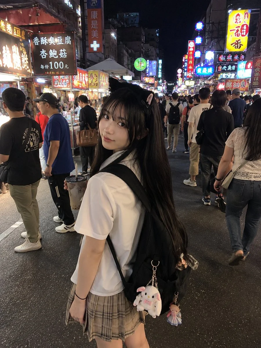 A young girl in a cat headband explores a neon-lit night market.