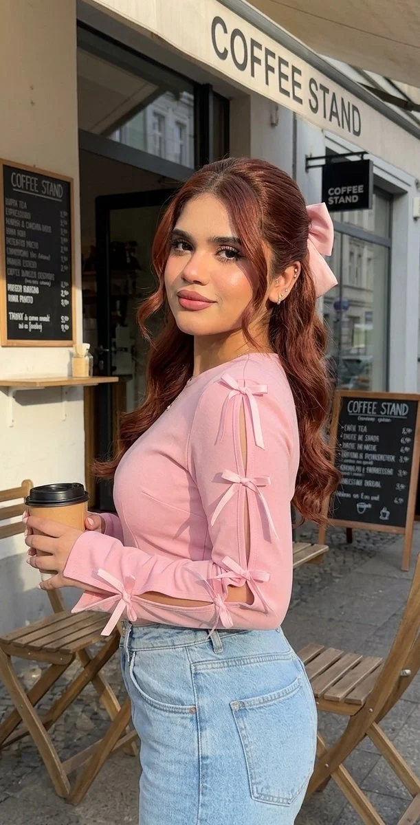 A young girl in pastel pink enjoys morning coffee on a sunny terrace