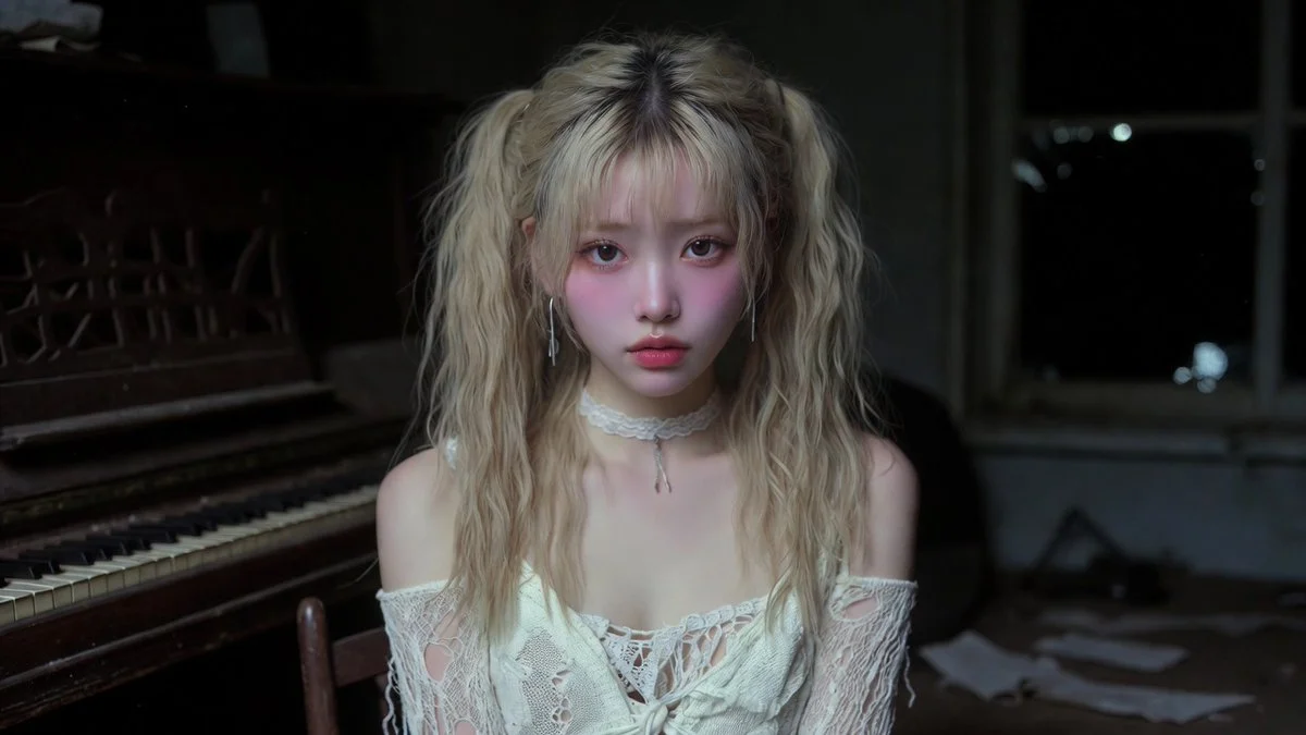 A young Korean idol sits in an abandoned music room