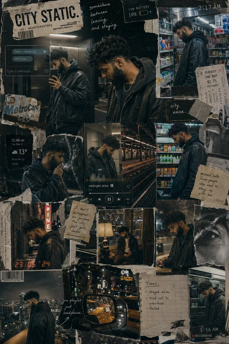 A young man fades into neon-lit urban night across fragmented memories