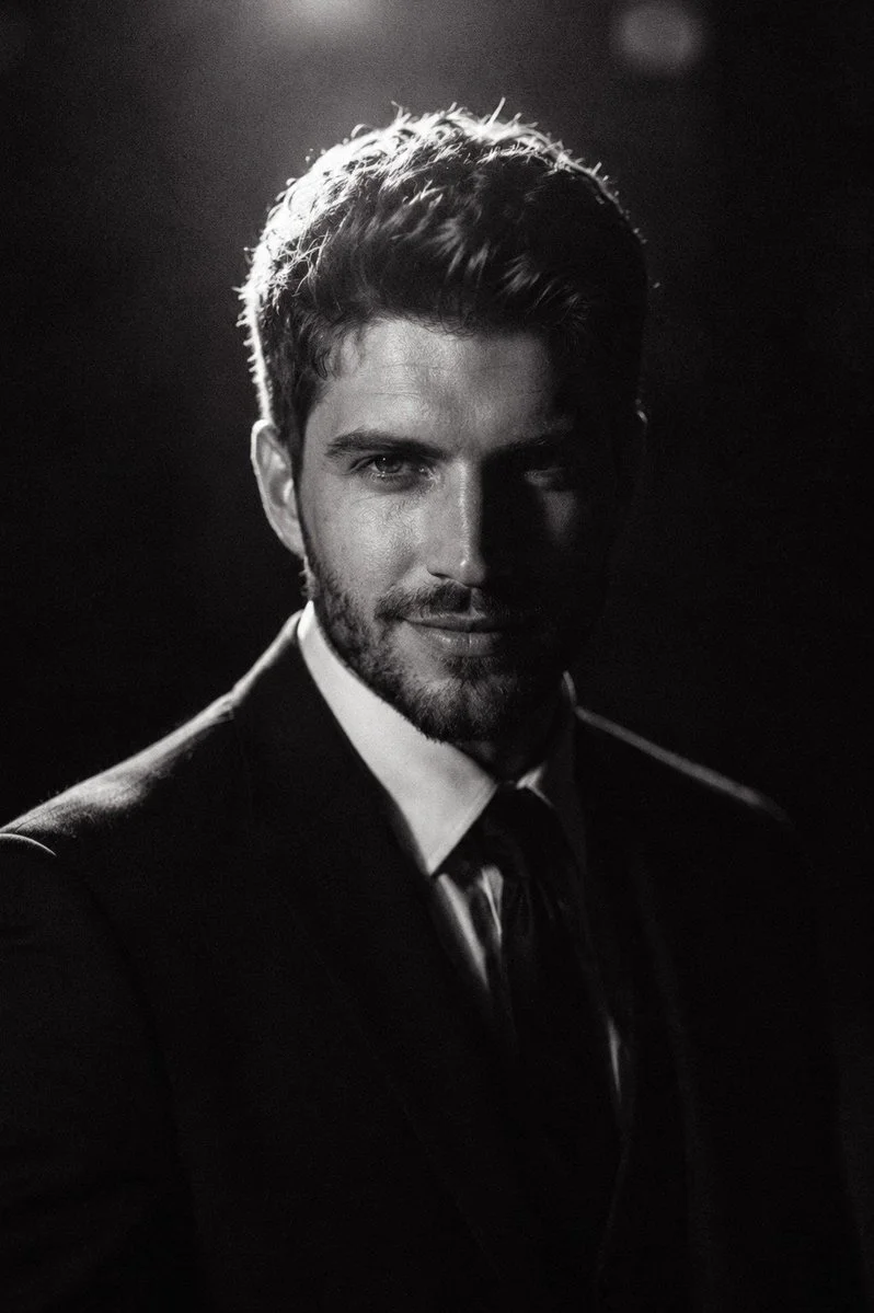 A young man in a black suit glows under dramatic low-key lighting.