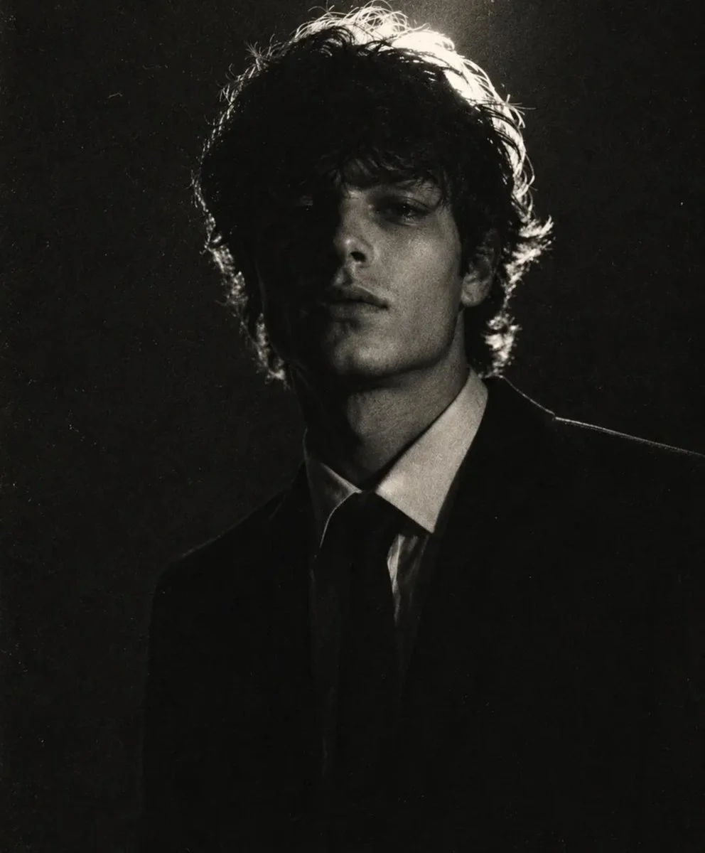 A young man in a black suit stands solemnly in dark studio light.