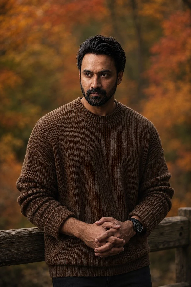 A young man in a chunky sweater stands thoughtfully in an autumn forest.