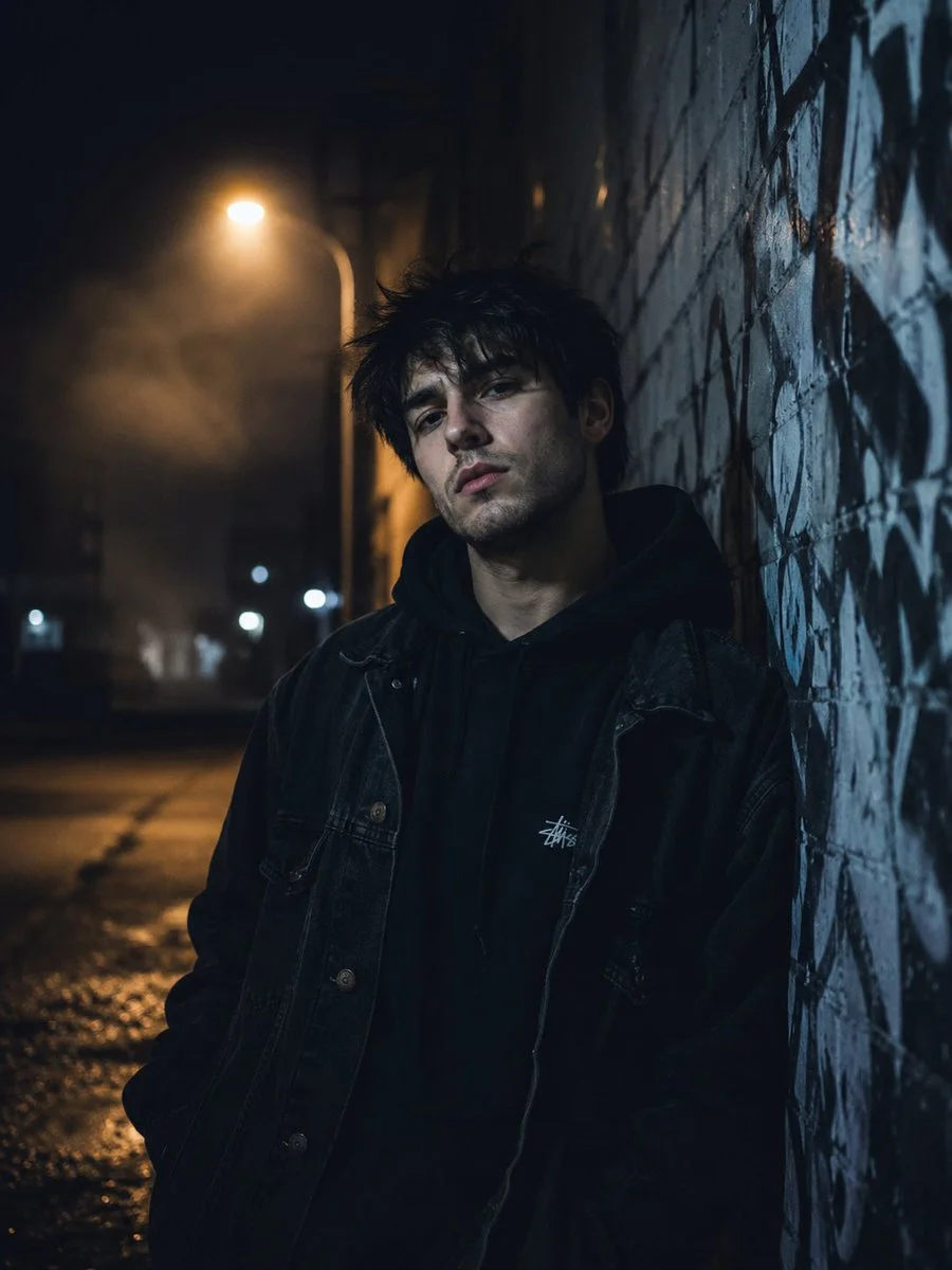A young man in a hoodie leans against a graffiti wall under a streetlight.