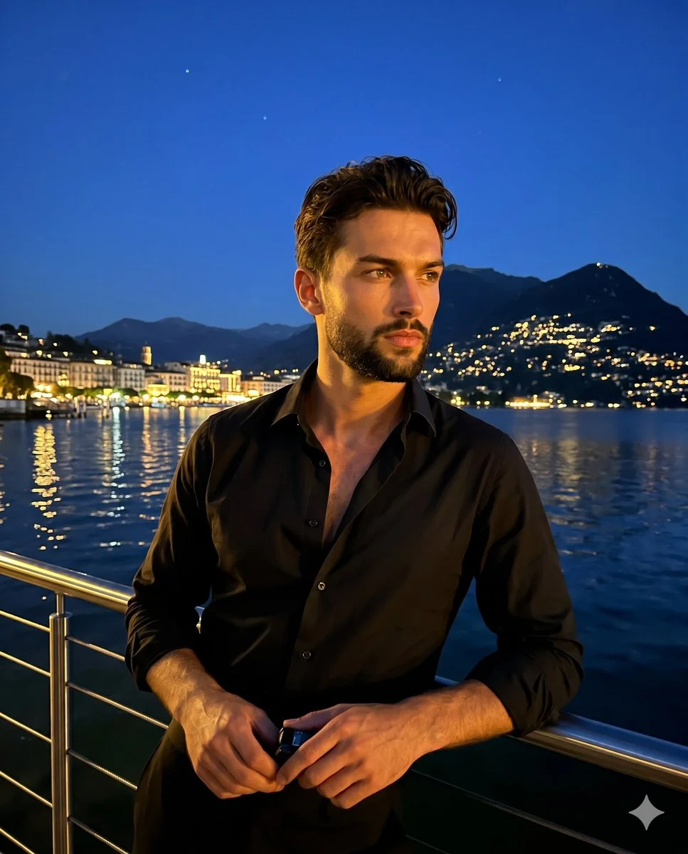 A young man in black shirt gazes at reflective lake lights at night