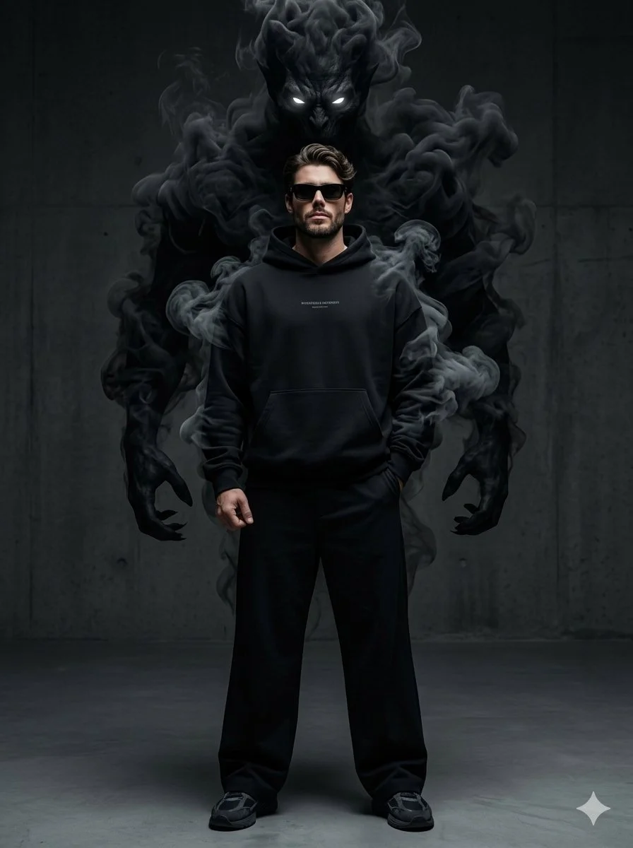 A young man in black streetwear faces a massive smoke demon behind him.