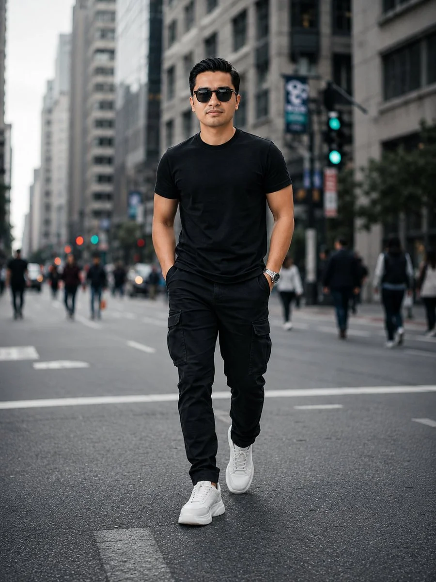 A young man in black walks confidently through a blurred downtown street.