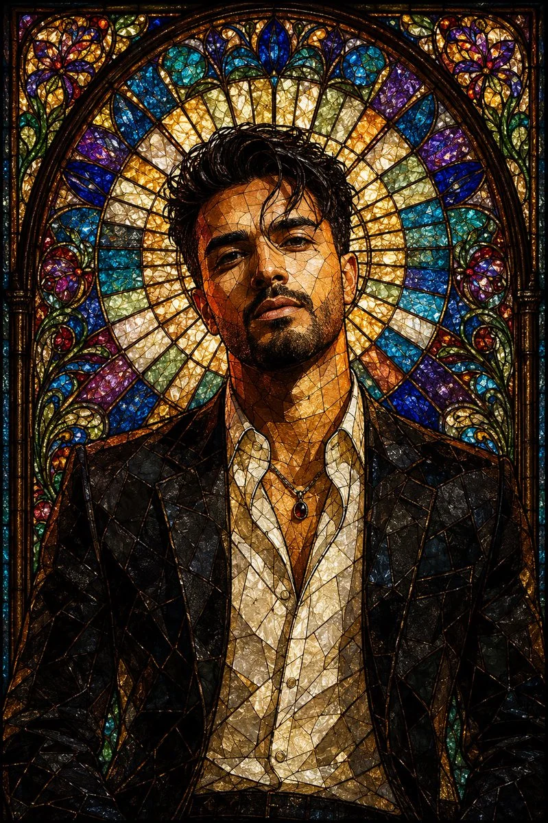 A young man in stained glass glows beneath a radiant rose window