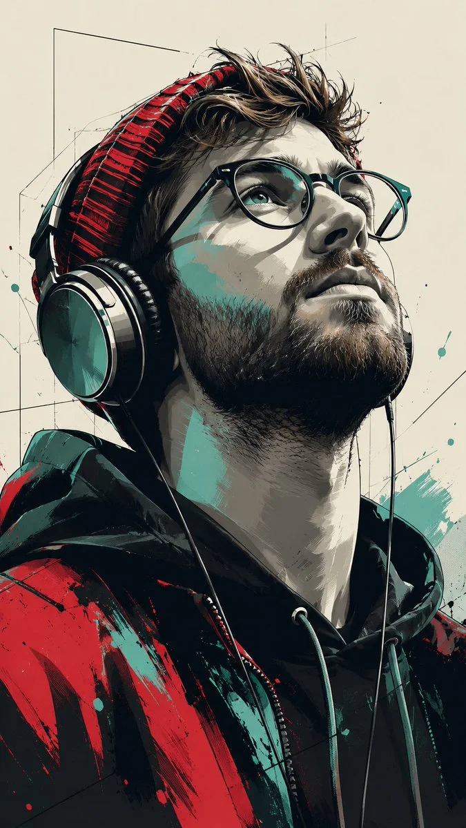 A young man in teal and red looks up with serene expression